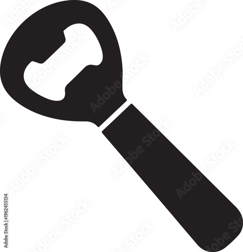 Black silhouette of a bottle opener on a plain white background for design use