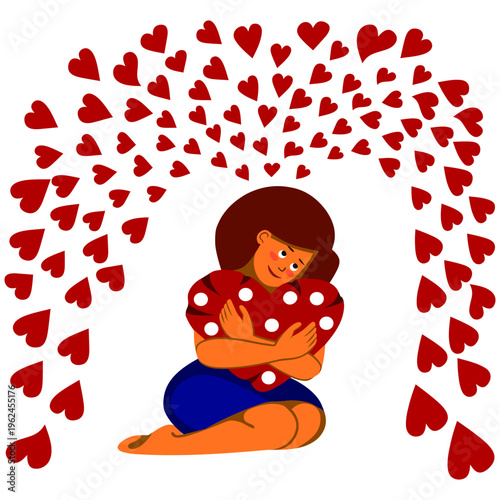 Vector illustration of a dreaming girl in cartoon style hugging a pillow.
