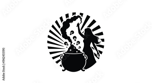 witch stirring bubbling cauldron silhouette illustration
