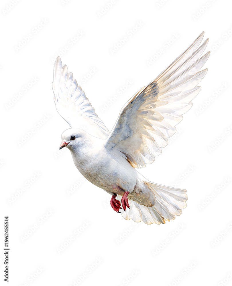 Fototapeta premium white dove in flight with spread wings on a white background.