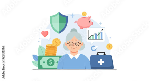Senior Retirement Planning: Elderly Woman with Financial Savings, Health Care, Investment, and Security Shield Flat Illustration