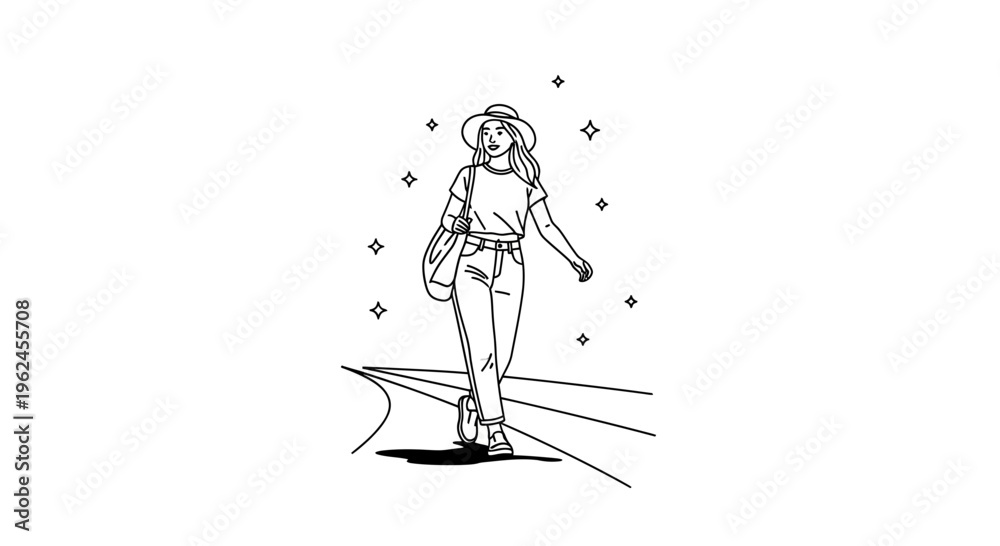Fototapeta premium Young woman walking confidently on a street with starry background