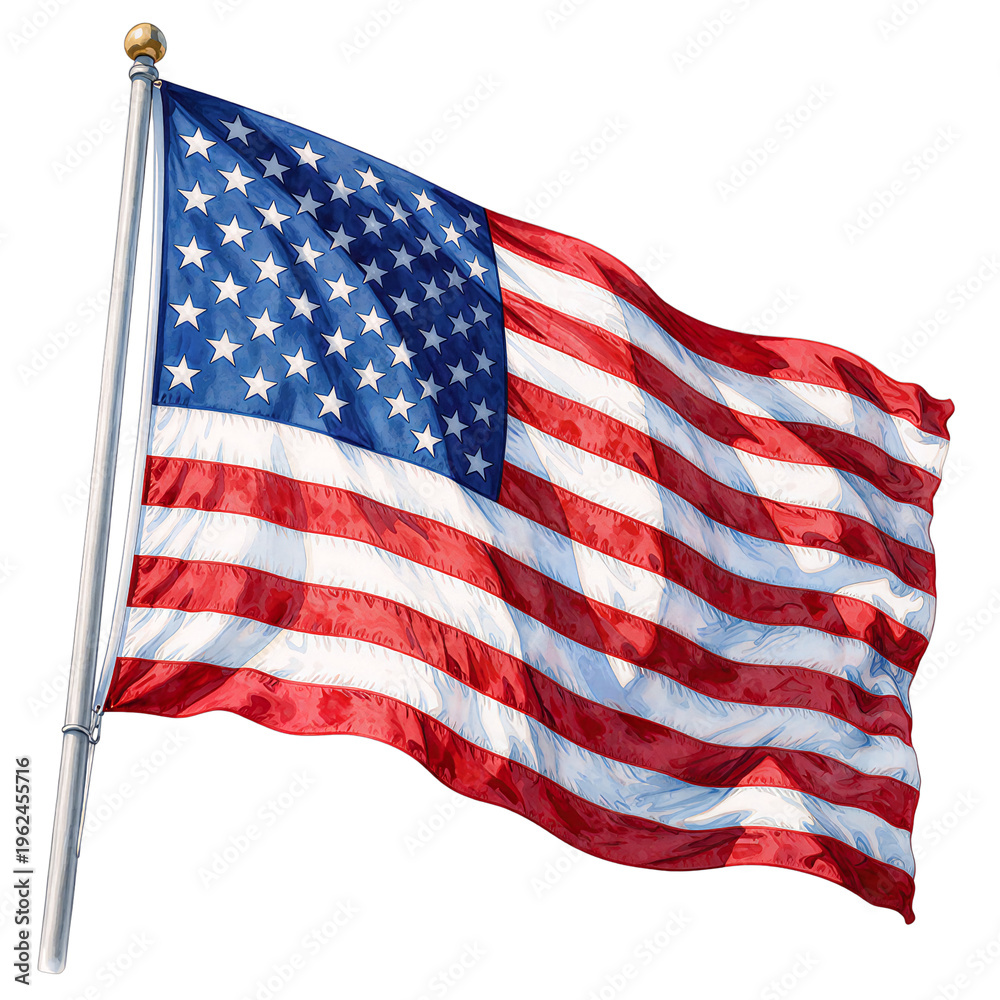 Obraz premium waving american flag on flagpole against a clear white sky.