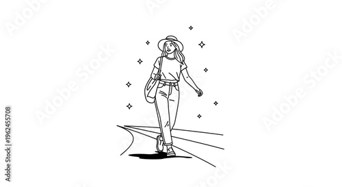 Young woman walking confidently on a street with starry background  