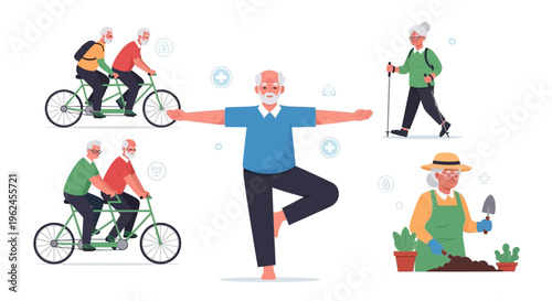 Healthy & Active Senior Lifestyle: Elderly People Enjoying Yoga, Cycling, Nordic Walking, and Gardening Activities
