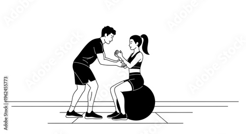 Man and woman exercising together with fitness ball in gym  