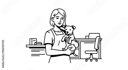 Young woman holding dog in veterinary clinic setting  