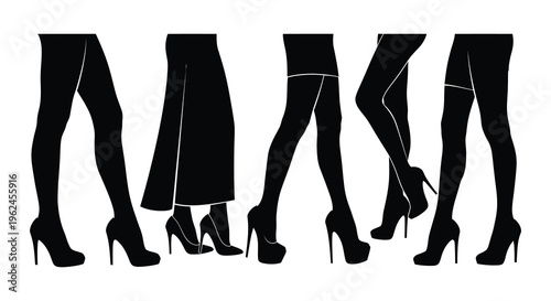 Silhouette of five women's legs in high heels and stockings in a row