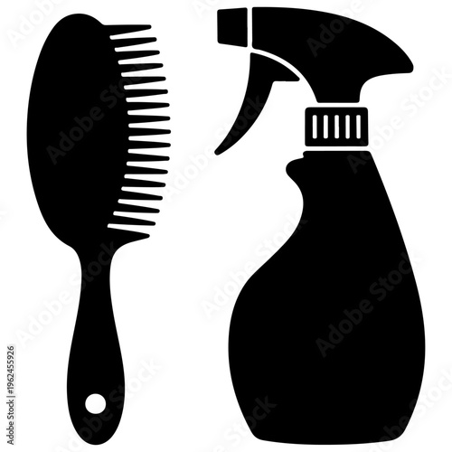 Hairbrush and spray bottle vector icon set. Essential hair care tools, salon equipment, and beauty accessory collection. Black silhouette illustration for barbershop branding and personal