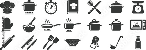 Black and white kitchen utensil and appliance icons set