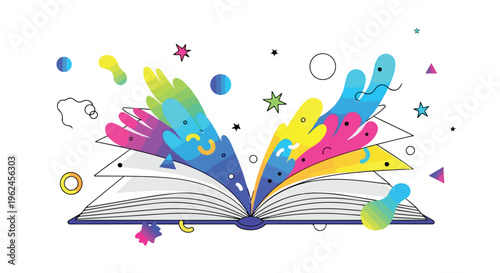 Vibrant hand illustrations emerge from an open book surrounded by colorful shapes and symbols on World Book Day with a playful and imaginative mood