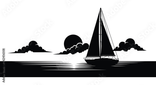 Sailboat silhouette on calm waters with sun and clouds silhouette