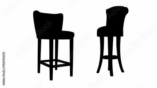 Two black bar stools with backrests in modern silhouette style for hospitality furniture design