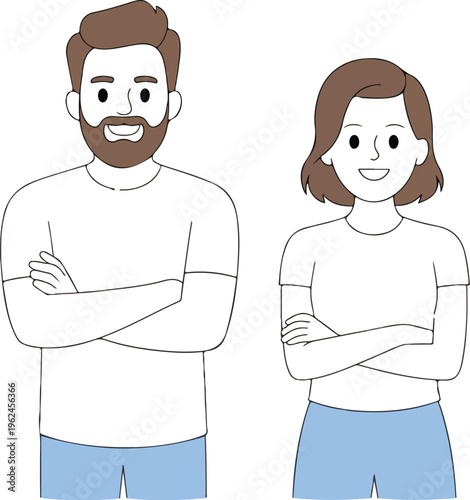 Portrait of happy young couple, man and woman smiling together, cheerful romantic pair isolated on white background vector illustration