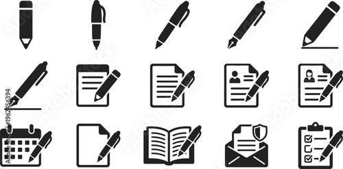 Black and white icons of office stationery and writing tools
