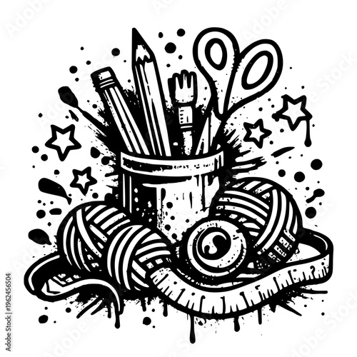 vintage art supplies and yarn on table