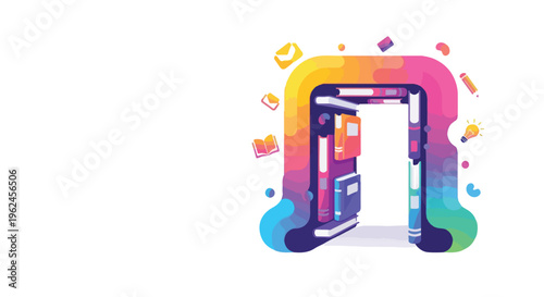 Vibrant illustration of an open doorway with colorful shapes and letters floating around it, symbolizing World Book Day with a joyful and celebratory mood