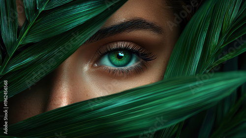 A captivating eye, the focal point of a woman's face, peers out from behind vibrant green foliage, creating a mesmerizing and natural beauty portrait.