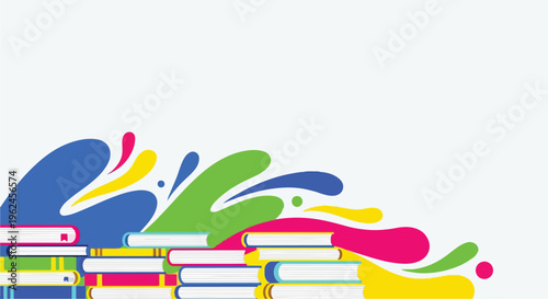 Colorful illustration of books with vibrant paint splashes on World Book Day against a white background