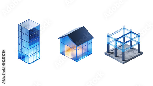 A 3d illustration of a blue glass cube and building blocks forming a modern residential home project, showcasing a new apartment architecture design and small housing structure concept