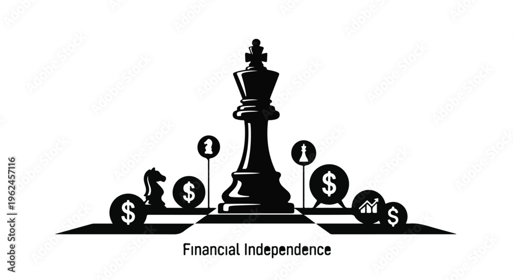 Fototapeta premium Financial independence concept with chess piece and money symbols