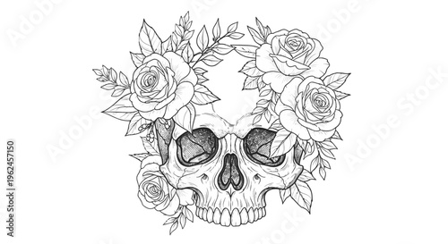 A skull adorned with floral wreath.