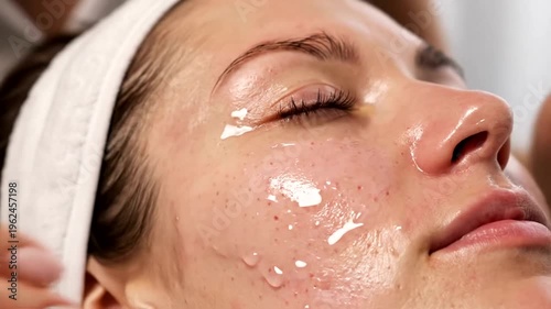 Cosmetologist applying clear gel on woman face for treatment