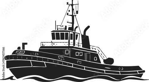 Tugboat silhouette sailing on ocean waves, industrial harbor service vessel and maritime towing vector logo illustration