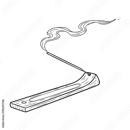 Incense Stick Burning on Wooden Holder Line Art Illustration