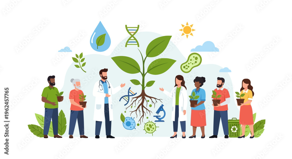 Fototapeta premium Global Eco-Science & Biotechnology: Diverse Researchers and Community Nurture Sustainable Growth, Genetic Health, and Environmental Innovation