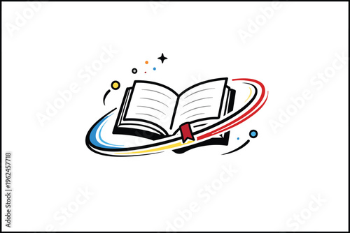 An open book orbiting with a pencil and colorful cosmic trails