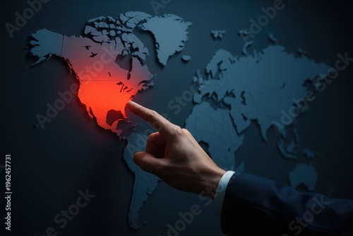 Hand pointing at highlighted North America region on digital world map