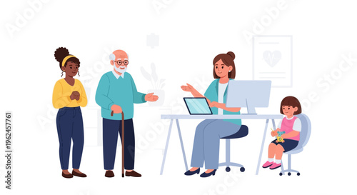 Diverse Multi-Generational Family Consulting Doctor for Healthcare in Clinic: Senior Man, Young Woman, Child Patient