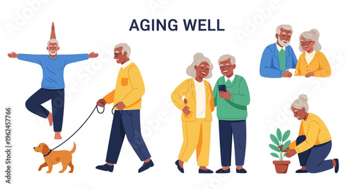 Aging Well: Diverse & Active Seniors Enjoying Healthy Retirement. Elderly Adults Engaged in Yoga, Dog Walking, Gardening, and Social Activities.
