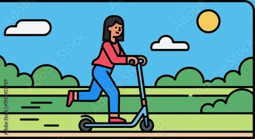 Young woman riding a scooter in sunny park setting  