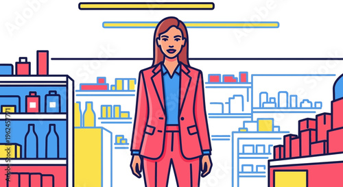 Young woman standing in modern grocery store wearing business suit  
