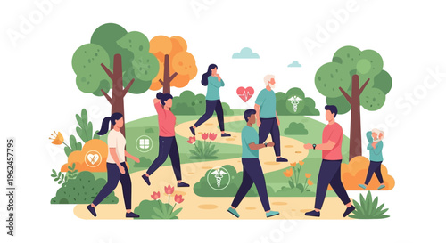 Diverse Group Walking for Health & Wellness in Park. Multigenerational People Exercising Outdoors for Fitness & Healthy Lifestyle.