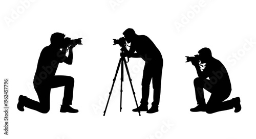 Three photographer silhouettes capturing moments with cameras and tripod