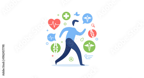 Healthy Active Lifestyle Concept with Medical and Wellness Icons: Person Exercising for Good Health and Healthcare Services