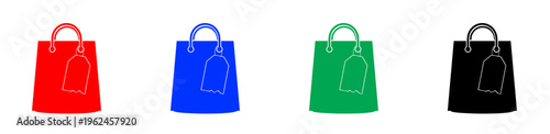 Shopping bag icon set with price tags in red blue green black isolated on transparent background png.