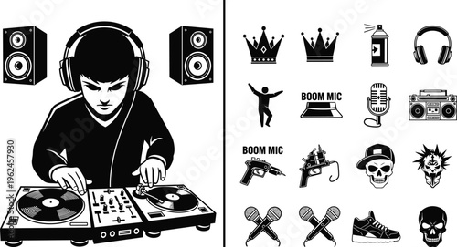 DJ mixing music on turntable with hip hop icons set including microphone, speakers, headphones, graffiti elements urban culture illustration