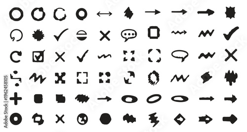 Hand Drawn Black Marker Highlighter Elements Set: Arrows, Circles, Checkmarks and Scribbles Isolated on White Background