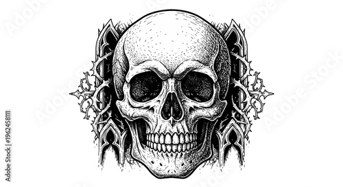 A detailed illustration of a human skull with ornate designs.