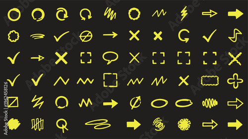Hand Drawn Yellow Marker Highlighter Elements Set: Arrows, Circles, Checkmarks and Scribbles on Black Background