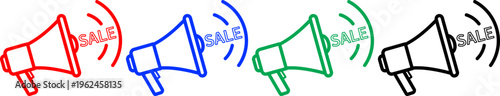 Megaphone icons with 'SALE' text in red, blue, green, and black outline.
