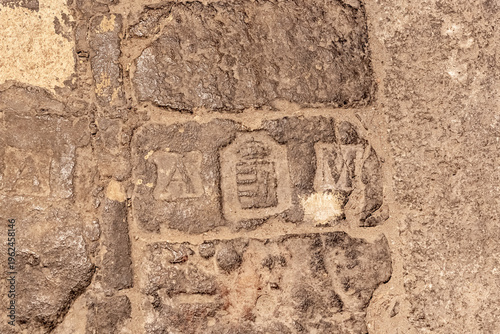 Medieval masons seal carved into stone on floor of St Stephens Basilica in Budapest in Hungary