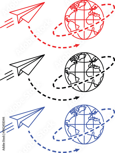 Paper airplanes flying around globe in red black and blue on transparent background.