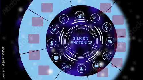 High tech silicon photonics hud interface for smart networking tutorials, digital hardware design and global tech growth