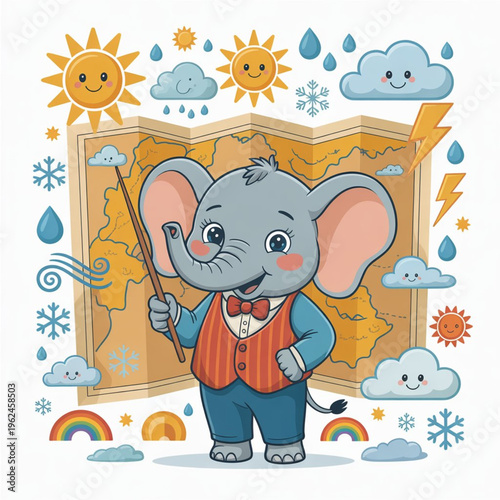 Color Whimsical Elephant Weather Forecaster Illustration, Adorable Storybook Elephant Meteorologist Vector Art, Decorative Animal Weather Design Graphic