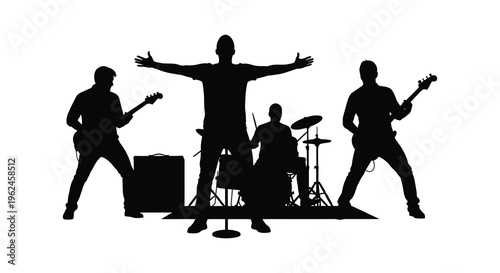 Silhouette of a rock band performing on stage with musical instruments